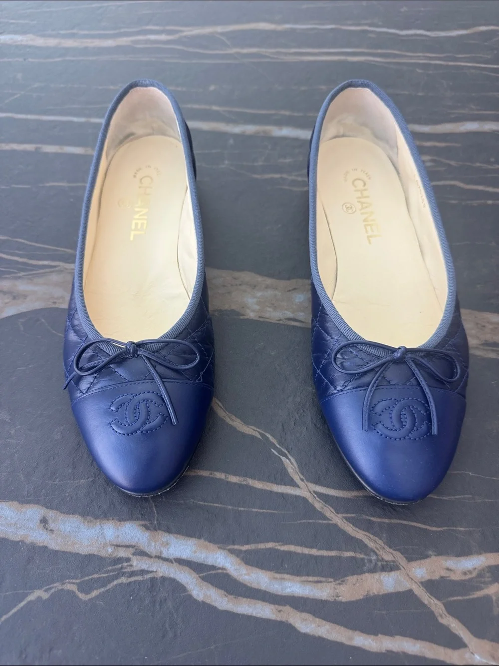 CHANEL Navy Quilted CC Bow Ballet Flats